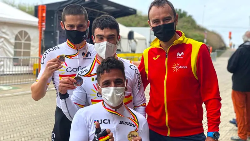 Imagen de los tres deportistas espa&ntilde;oles que han logrado el podio en la Copa del Mundo 