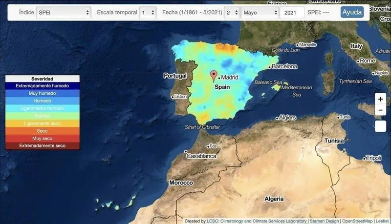  Archivo - Situaci&oacute;n de la segunda semana de mayo de 2021 del &iacute;ndice SPEI-1, que refleja las condiciones de sequ&iacute;a de las &uacute;ltimas cuatro semanas - CSIC - Archivo 