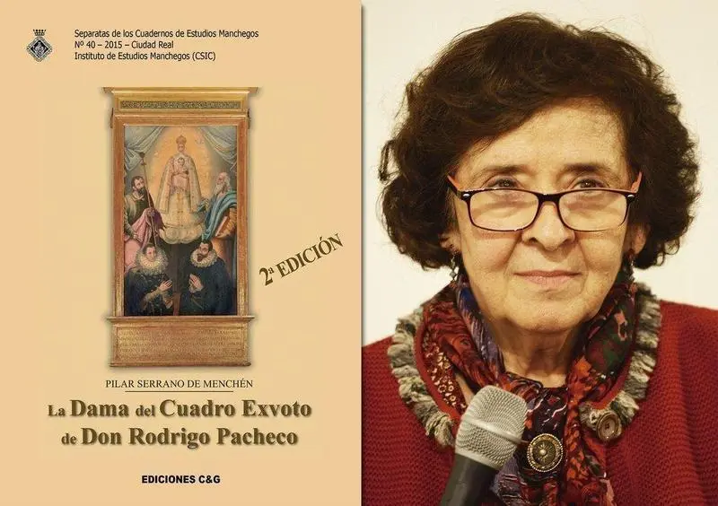 Pilar Serrano de Menchen y la portada de su libro 'La Dama del Cuadro Exvoto de Don Rodrigo Pacheco'