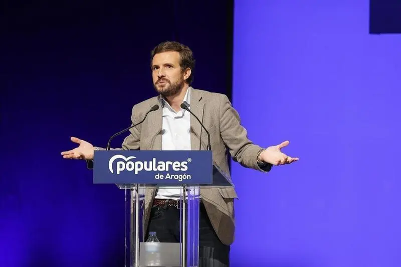 <p> El presidente del PP, Pablo Casado, en el XIV Congreso Auton&oacute;mico del PP de Arag&oacute;n, en el Palacio de Congresos </p>