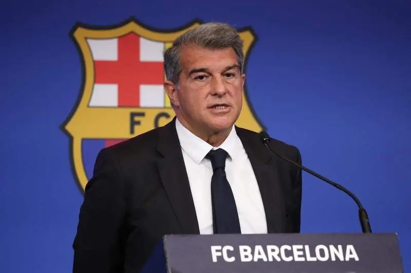 <p> Joan Laporta en su comparecencia </p>