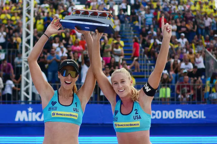 <p> Sara Hughes y&nbsp;Kelley Kolinske, jugadoras de voleibol playa de Estados Unidos </p>
