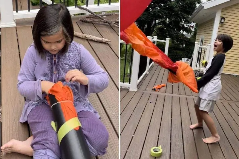 <p> Los hijos de Hashimoto jugando con el lanzallamas de juguete </p>