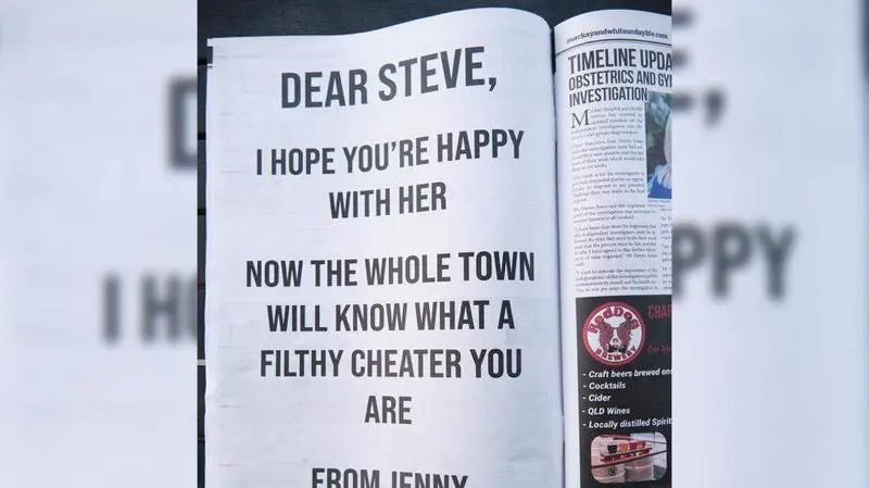 <p> Anuncio contra un infiel en el 'Mackay y Whitsunday Life'.Mackay y Whitsunday Life </p>