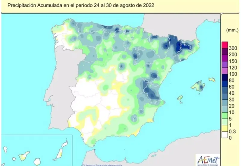 <p> Lluvias acumuladas entre el 24 y el 30 de agosto de 2022 - AEMET </p>