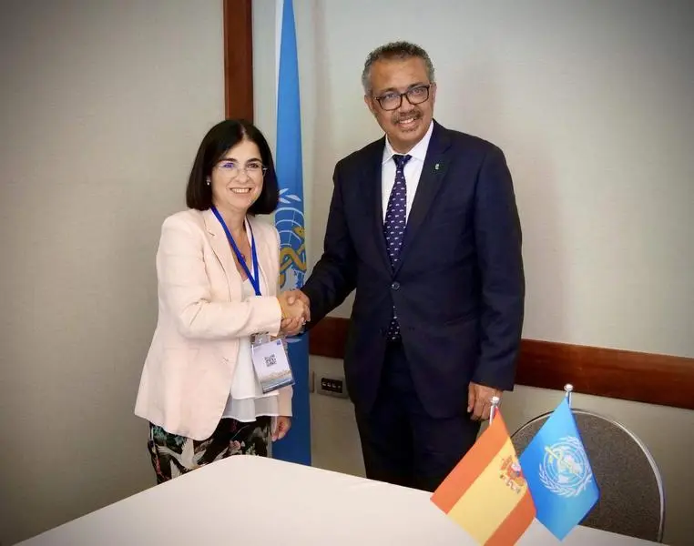 <p> Ministra de Sanidad, Carolina Darias, y el director General de la OMS, Tedros Adhanom </p>