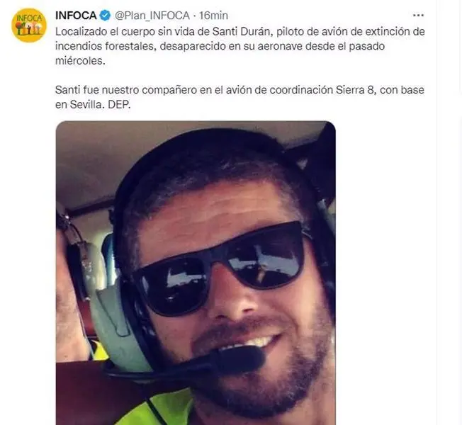 <p> Captura del mensaje en redes sociales en el que el Infoca comunica el hallazgo del cuerpo sin vida del piloto </p>