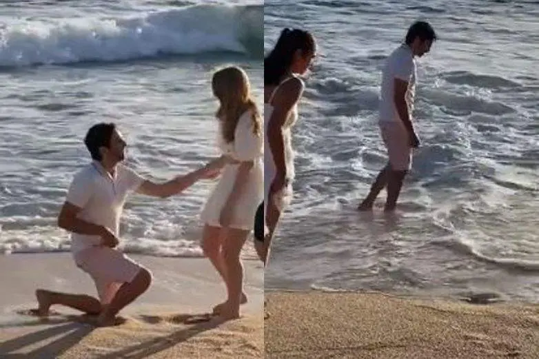 <p> La pareja durante la pedida de mano y luego buscando la sortija </p>