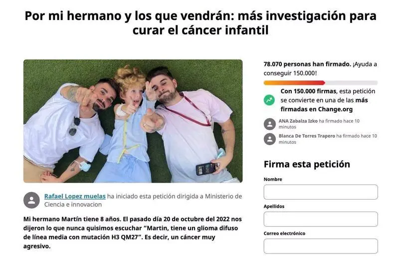  M&aacute;s de 78.000 personas piden en 'Change.Org' m&aacute;s investigaci&oacute;n contra el c&aacute;ncer infantil 