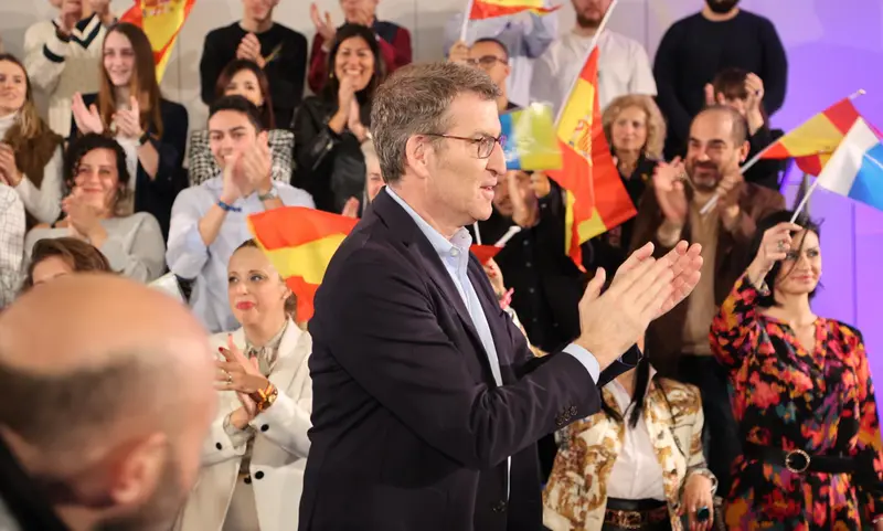  El presidente del Partido Popular, Alberto N&uacute;&ntilde;ez Feij&oacute;o, interviene en el acto de presentaci&oacute;n de la candidatura de Jimena Delgado a la alcald&iacute;a, a 18 de febrero de 2023, en Las Palmas de Gran Canaria, Gran Canaria, Las Palmas, Canarias (Espa&ntilde;a). - Mauricio del Pozo - Europa Press 