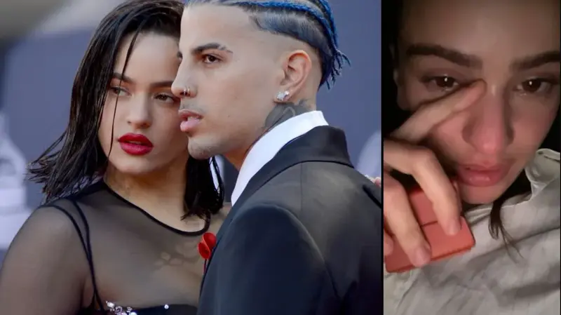  Rosal&iacute;a y Rauw Alejandro (Izq) Rosal&iacute;a al final del videoclip, anillo en mano (Der) 