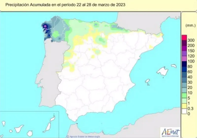  Lluvias acumuladas desde el inicio del a&ntilde;o hidrol&oacute;gico (el 1 de octubre de 2022) hasta el 28 de marzo - AEMET 