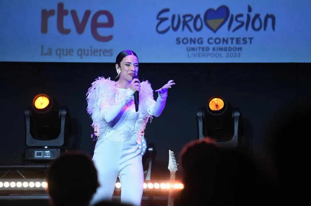  La cantante Banca Paloma act&uacute;a durante un evento de despedida antes de su viaje a Liverpool para representar a Espa&ntilde;a en el Festival de Eurovisi&oacute;n 2023, en los cines Callao, a 27 de abril de 2023, en Madrid (Espa&ntilde;a). - Fernando S&aacute;nchez - Europa Press 