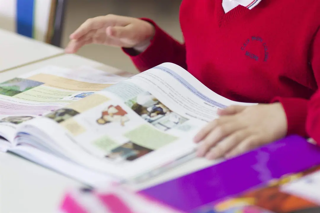  Un ni&ntilde;o con un libro en un colegio 