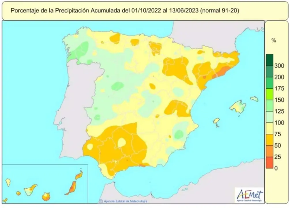  Mapa de lluvias acumuladas en Espa&ntilde;a del 1 de octubre de 2022 al 13 de junio de 2023. El d&eacute;ficit de precipitaciones es del 16% 