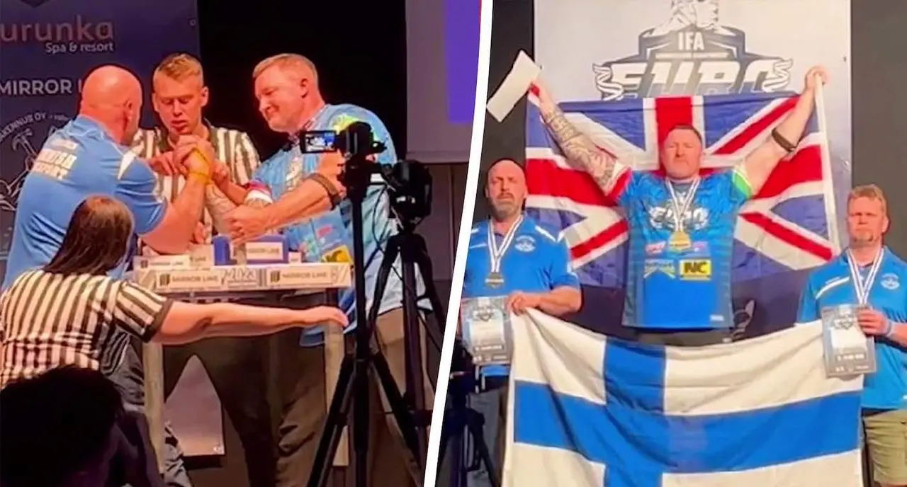 Mark Waldon competing in Finland at the European Championships (L) and winning gold (R).  See SWNS story SWLNarmwrestle.  A British grandad has become one of the world's best arm-wrestlers - after only taking up the sport three years ago.  Mark Waldon, 53, discovered professional arm wrestling in lockdown and is now competing at an international level.  He joined Milton Keynes Arm Wrestling Club after researching how to get involved with the sport online.  His first few bouts ended in heavy defeat, but six-months into his arm wrestling career it was clear he was a special talent.  And, earlier this month, Mark won gold while representing Team GB at the International Federation of Arm Wrestling (IFA) European Championships in Finland.  