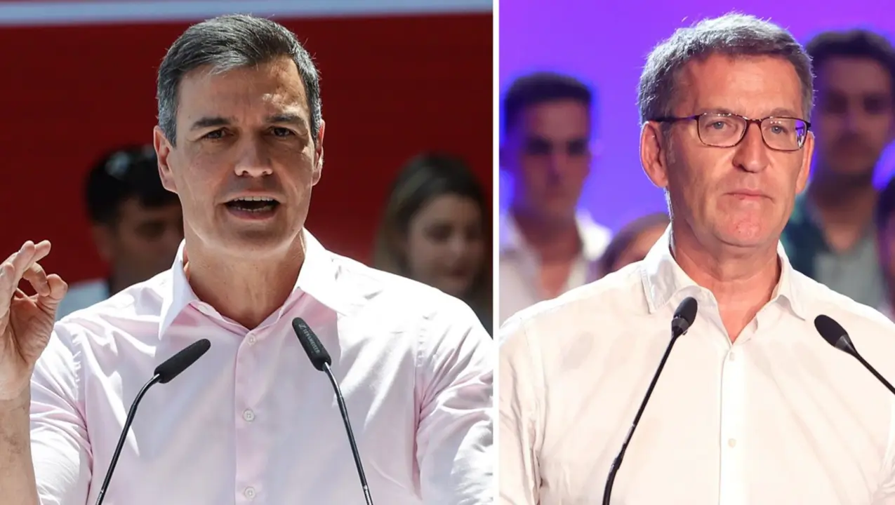  Archivo - El presidente del Gobierno y l&iacute;der del PSOE, Pedro S&aacute;nchez, y el l&iacute;der del PP, Alberto N&uacute;&ntilde;ez Feij&oacute;o, durante sendos actos de campa&ntilde;a - EUROPA PRESS - Archivo 