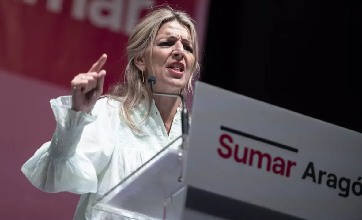  La candidata de Sumar, Yolanda D&iacute;az, durante un acto de campa&ntilde;a electoral junto a candidatos al Congreso de los Diputados por la provincia, en la sala Multiusos del Auditorio de Zaragoza, a 7 de julio de 2023, en Zaragoza, Arag&oacute;n (Espa&ntilde;a) - Marcos Cebri&aacute;n - Europa Press 