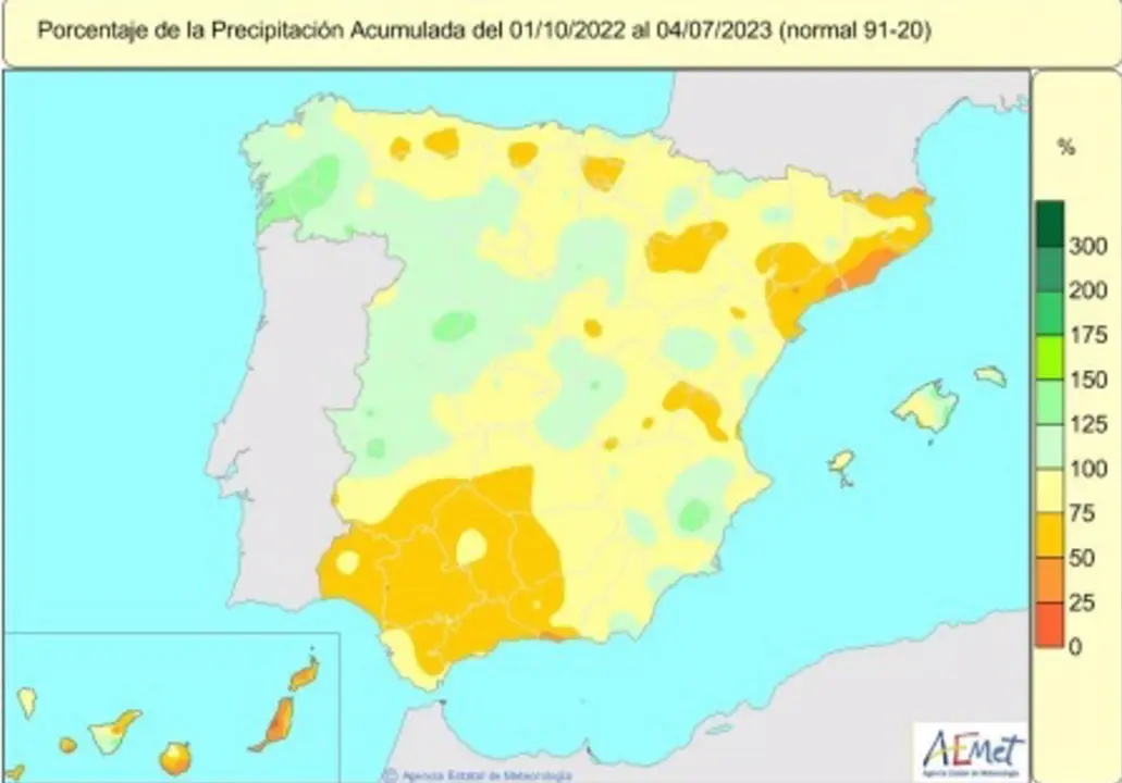  Las lluvias acumuladas en Espa&ntilde;a en lo que va de a&ntilde;o hidrol&oacute;gico (1 de octubre de 2022-4 de julio 2023) est&aacute;n un 14% por debajo de lo normal. - AEMET 
