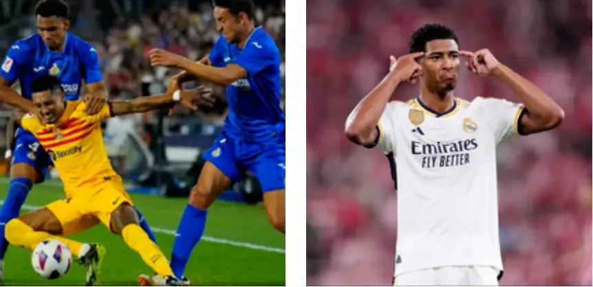  Raphinha siendo presionado por jugadores del Getafe // Bellingham ante el Athletic Club 