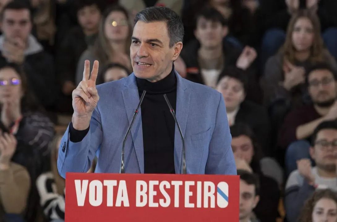  El secretario general del PSOE y presidente del Gobierno, Pedro S&aacute;nchez, interviene durante un mitin de campa&ntilde;a, a 10 de febrero de 2024, en Vigo, Pontevedra, Galicia (Espa&ntilde;a). - Adri&aacute;n Irago - Europa Press 