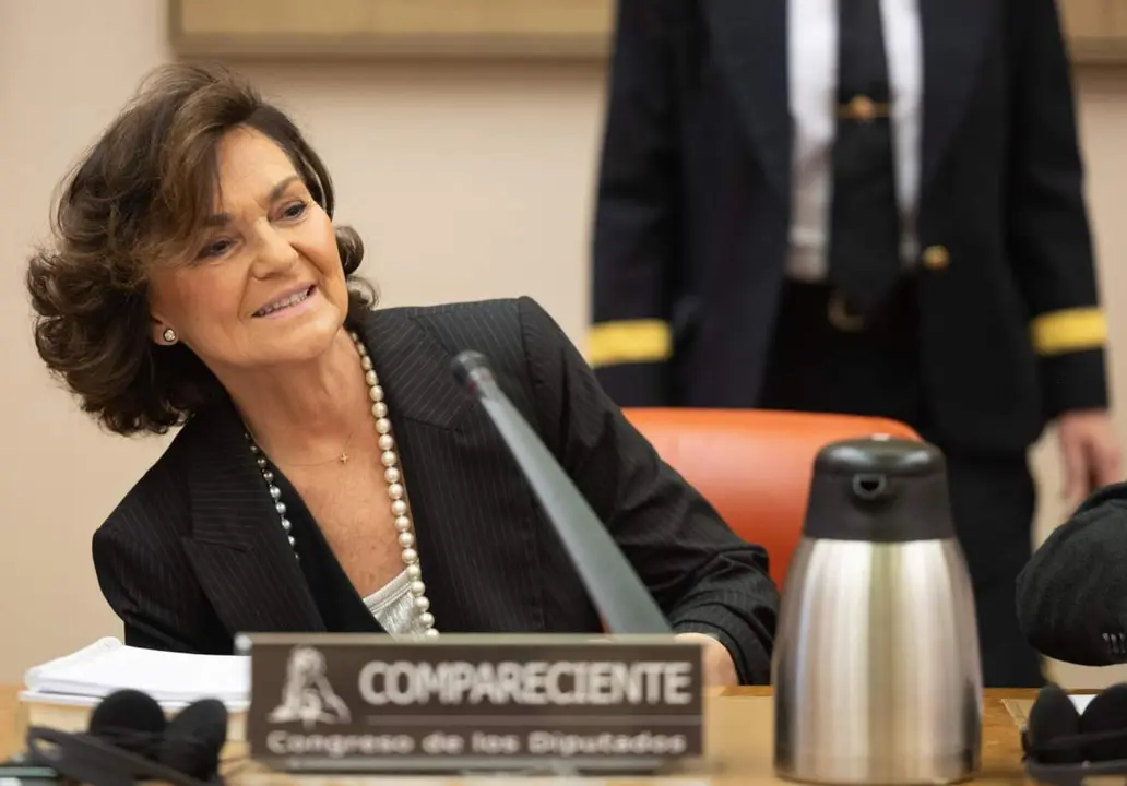  La exvicepresidenta del Gobierno, Carmen Calvo, a su llegada a la Comisi&oacute;n Constitucional en el Congreso de los Diputados, a 22 de febrero de 2024, en Madrid (Espa&ntilde;a). - Eduardo Parra - Europa Press 