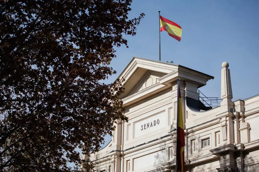  Archivo - La bandera de Espa&ntilde;a en la fachada del Senado tras el acto de Izado Solemne de la bandera de Espa&ntilde;a, en la plaza de La Marina Espa&ntilde;ola, a 6 de diciembre de 2023, en Madrid (Espa&ntilde;a). El Izado de la bandera Nacional est&aacute; organizado por el Estado M - Alejandro Mart&iacute;nez V&eacute;lez - Europa Press - Archivo 