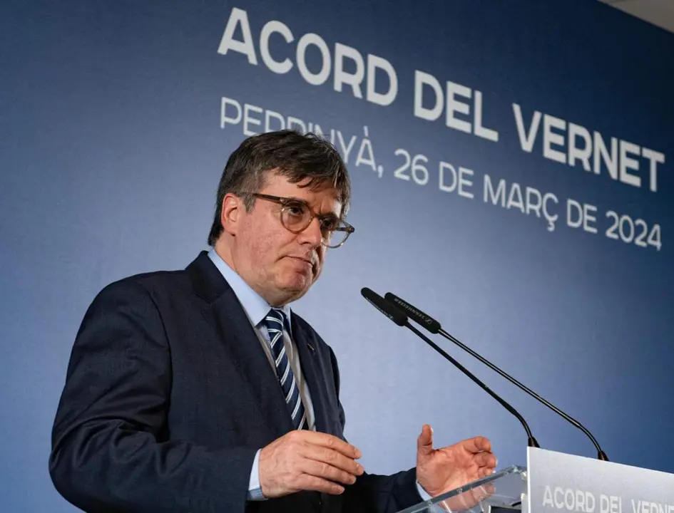  El expresidente de la Generalitat y candidato de Junts a las elecciones catalanas, Carles Puigdemont, durante su comparecencia ante los medios de comunicaci&oacute;n, en Les 5 &Eacute;l&eacute;ments, a 26 de marzo de 2024, en Perpignan (Francia). El motivo de la comparecencia - Gl&ograve;ria S&aacute;nchez - Europa Press 