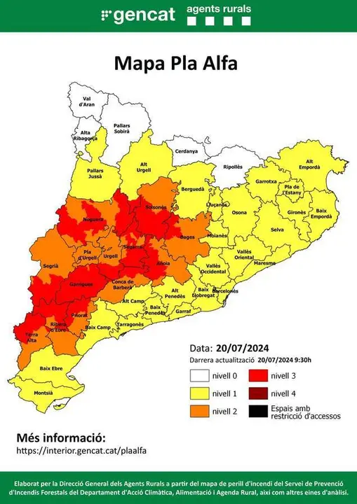  Mapa de las comarcas con m&aacute;s riesgo este s&aacute;bado - @AGENTSRURALSCAT | EP 