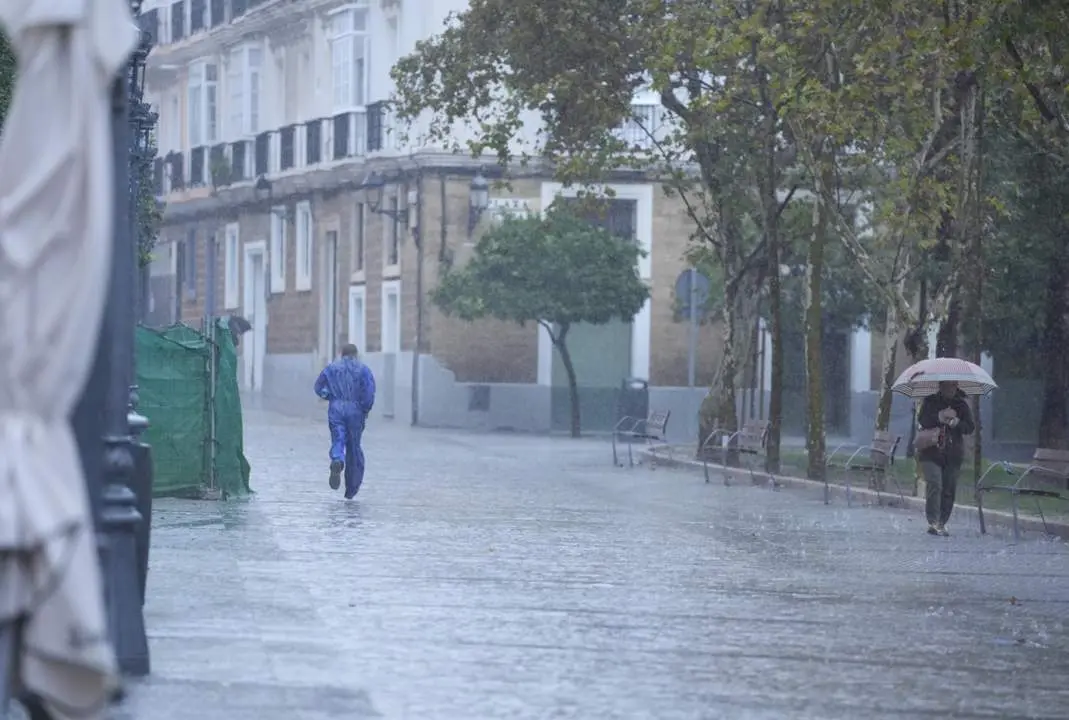  Transeuntes bajo sus paraguas durante la intensa lluvia. A 11 de octubre de 2024, en C&aacute;diz (Andaluc&iacute;a, Espa&ntilde;a). - Joaquin Corchero - Europa Press 