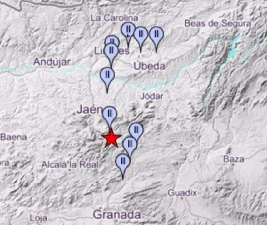  Mapa con la localizaci&oacute;n del terremoto de C&aacute;rcheles y las poblaciones donde se ha sentido. - IGN 