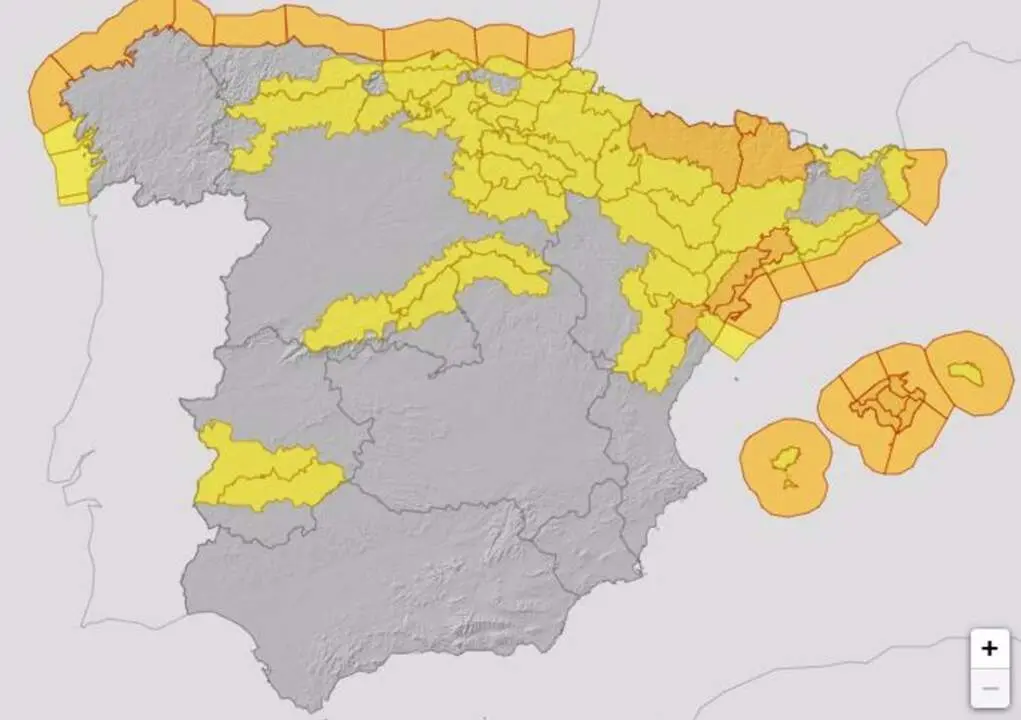  Mapa de avisos por nieve, lluvia, viento y fen&oacute;menos costeros para este s&aacute;bado. - AEMET 