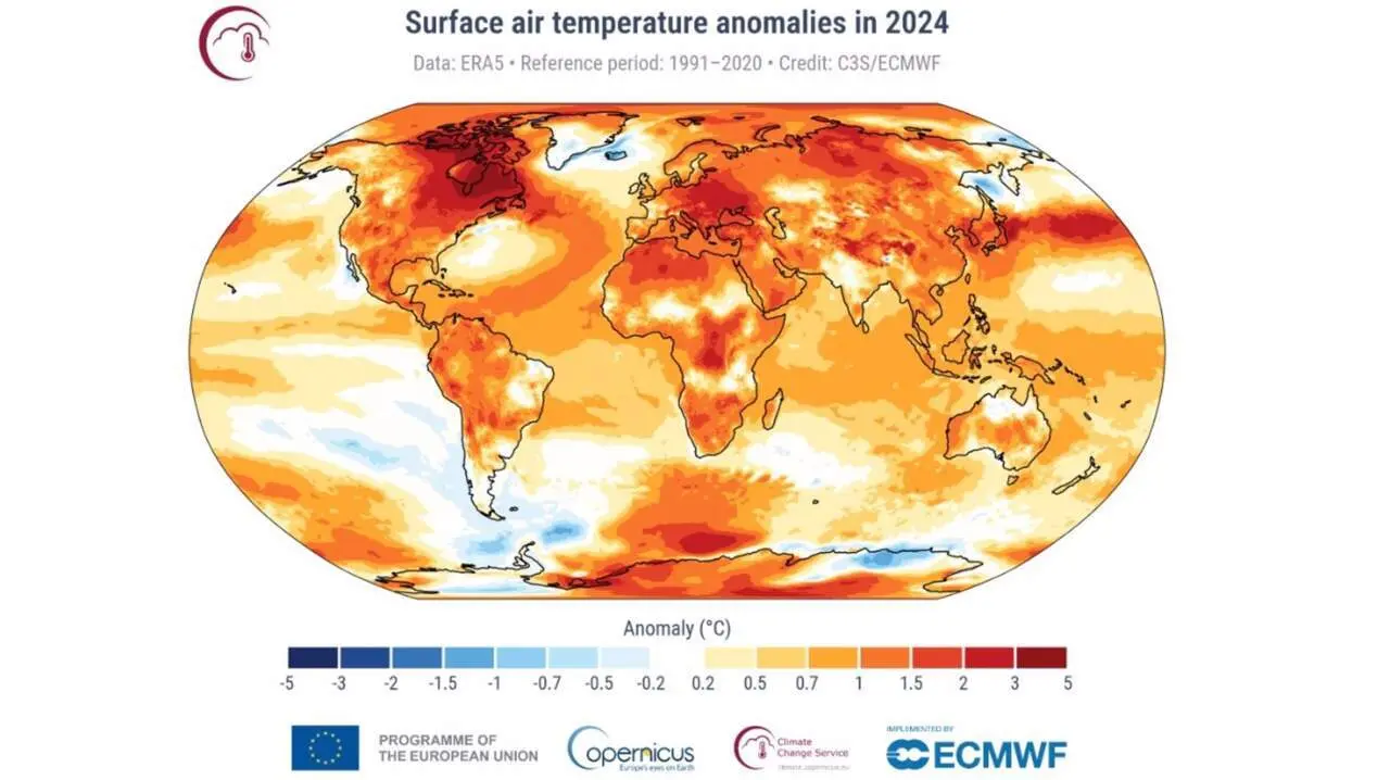  Anomal&iacute;as de la temperatura del aire en la superficie para 2024 en relaci&oacute;n con el promedio del per&iacute;odo de referencia 1991-2020. - C3S / ECMWF. 