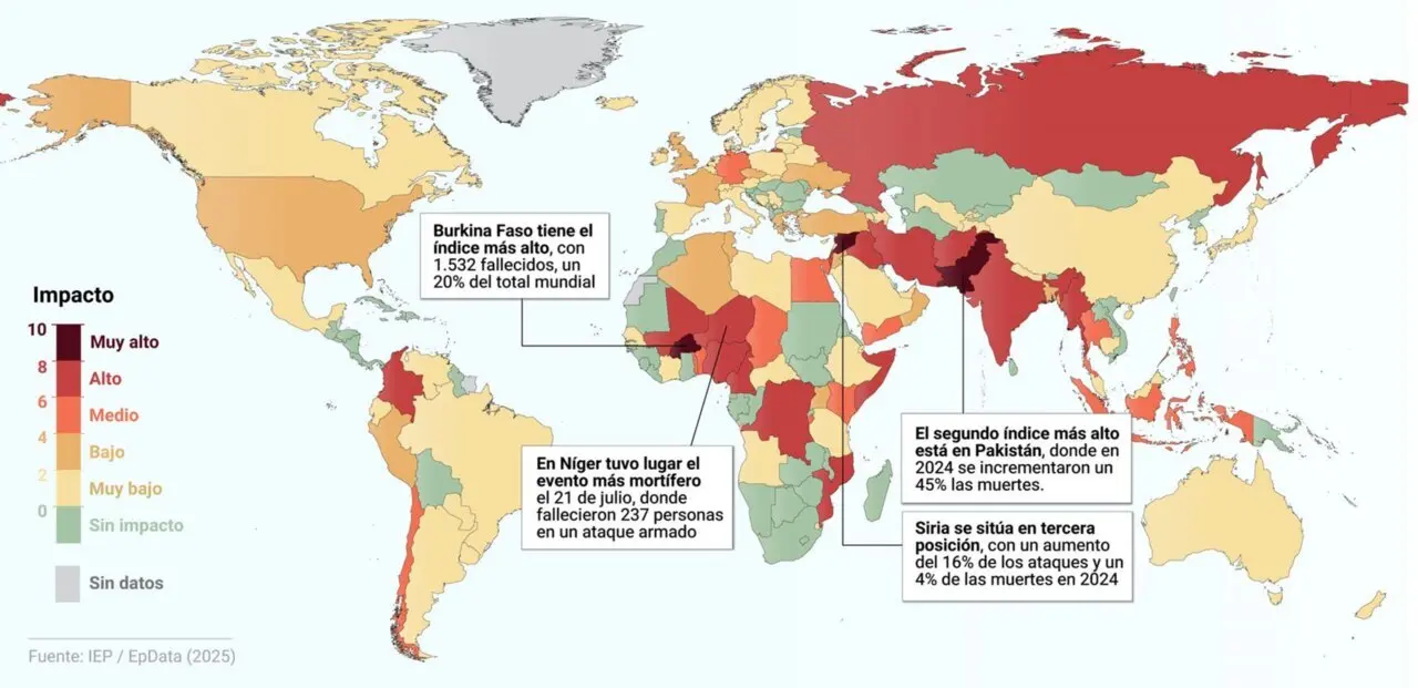  Mapa con estado del terrorismo en el mundo en el a&ntilde;o 2024. La regi&oacute;n del Sahel sigue siendo el epicentro del terrorismo, y representa m&aacute;s de la mitad de todas las muertes por terrorismo a nivel mundial. - Europa Press 