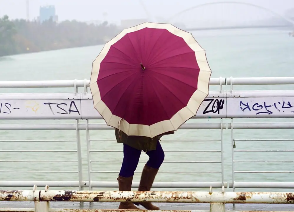  Archivo - Un persona se protege de la lluvia y el viento caminando por la pasarela peatonal de la Cartuja en un d&iacute;a lluvioso y con fuertes rachas de viento en la provincia. En Sevilla (Andaluc&iacute;a, Espa&ntilde;a), a 09 de febrero de 2021. - Eduardo Briones - Europa Press - Archivo 