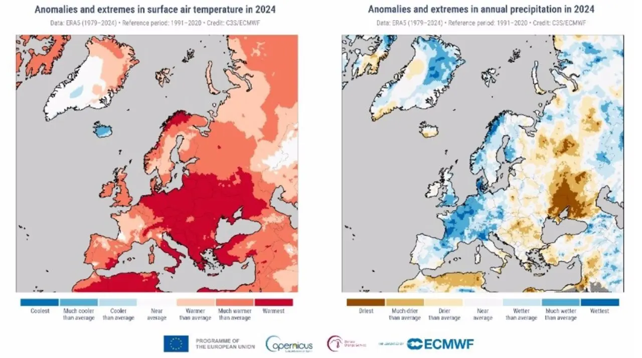  Anomal&iacute;as y extremos en la temperatura anual del aire en superficie en 2024 (Izquierda) Anomal&iacute;as y extremos de las precipitaciones anuales en 2024 (Derecha). - C3S 