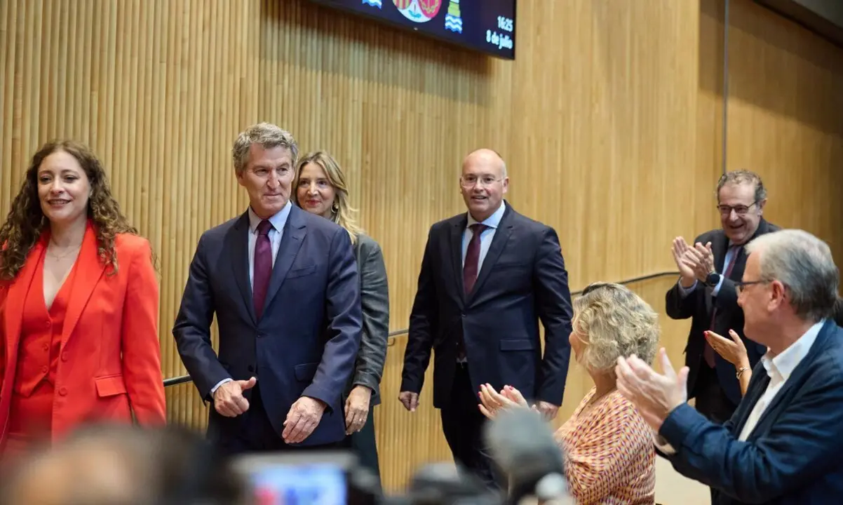  (I-D) La portavoz del PP en el Congreso, Ester Mu&ntilde;oz; el presidente del PP, Alberto N&uacute;&ntilde;ez Feij&oacute;o; la portavoz del PP en el Senado, Alicia Garc&iacute;a, y el secretario general del PP, Miguel Tellado, durante la reuni&oacute;n plenaria de los grupos parlamentarios del<br>- Jes&uacute;s Hell&iacute;n - Europa Press 