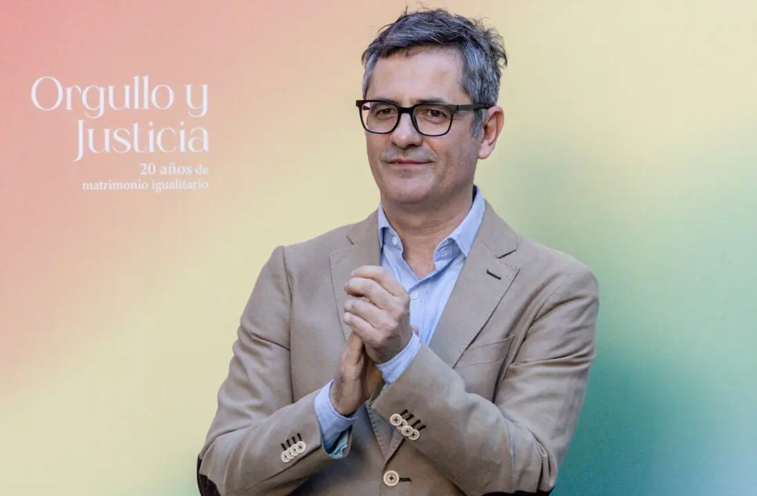  El ministro de la Presidencia, Justicia y Relaciones con las Cortes, F&eacute;lix Bola&ntilde;os, interviene durante el acto &lsquo;Orgullo y Justicia&rsquo;.<br>- Ricardo Rubio - Europa Press 