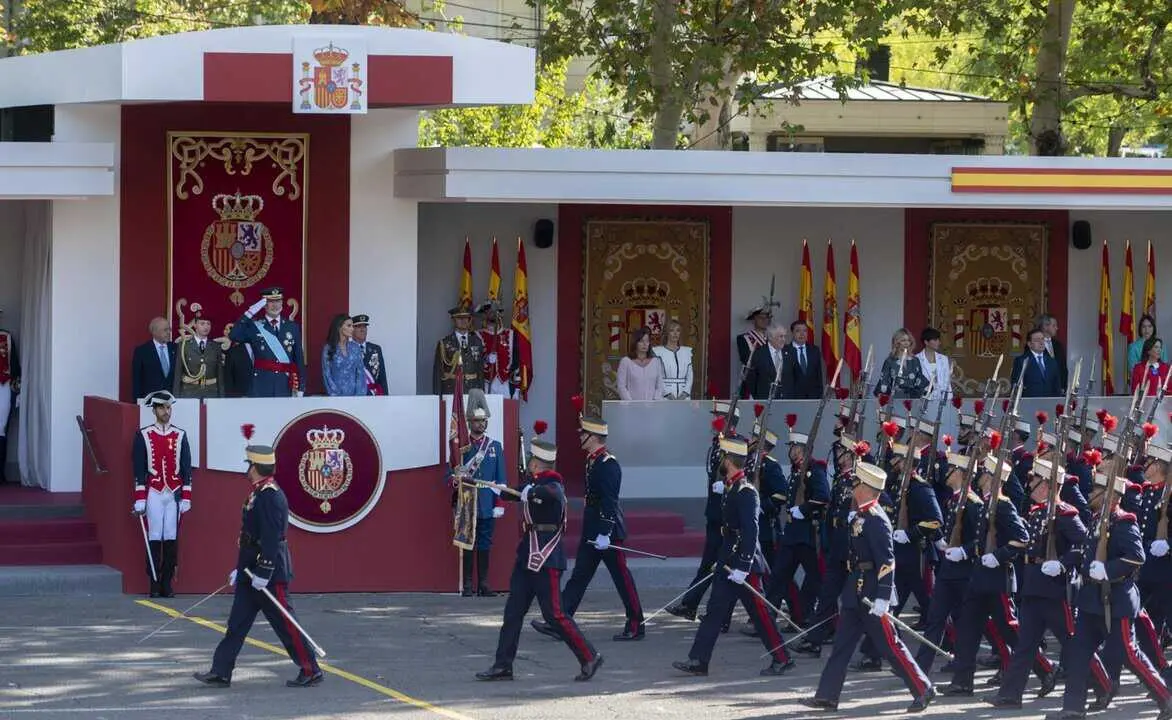  Archivo - La Guardia Real pasa por delante de la tribuna donde se encuentra la Princesa Leonor, el Rey Felipe VI y la Reina Letizia, durante el desfile del 12 de octubre 'D&iacute;a de la Fiesta Nacional', en la plaza de C&aacute;novas del Castillo, a 12 de octubre de<br>- Alberto Ortega - Europa Press - Archivo 