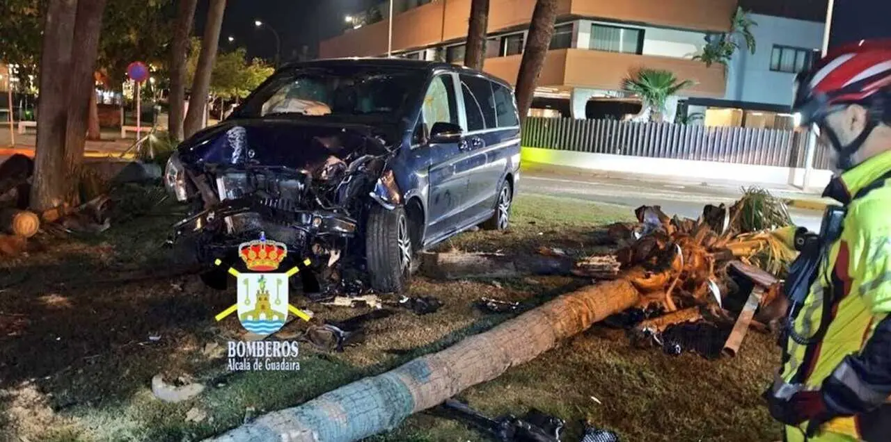  Estado del veh&iacute;culo en el que viajaba Cayetano Rivera tras chocar contra una palmera en una rotonda cerca de Montequinto.<br>- BOMBEROS DE ALCAL&Aacute; 