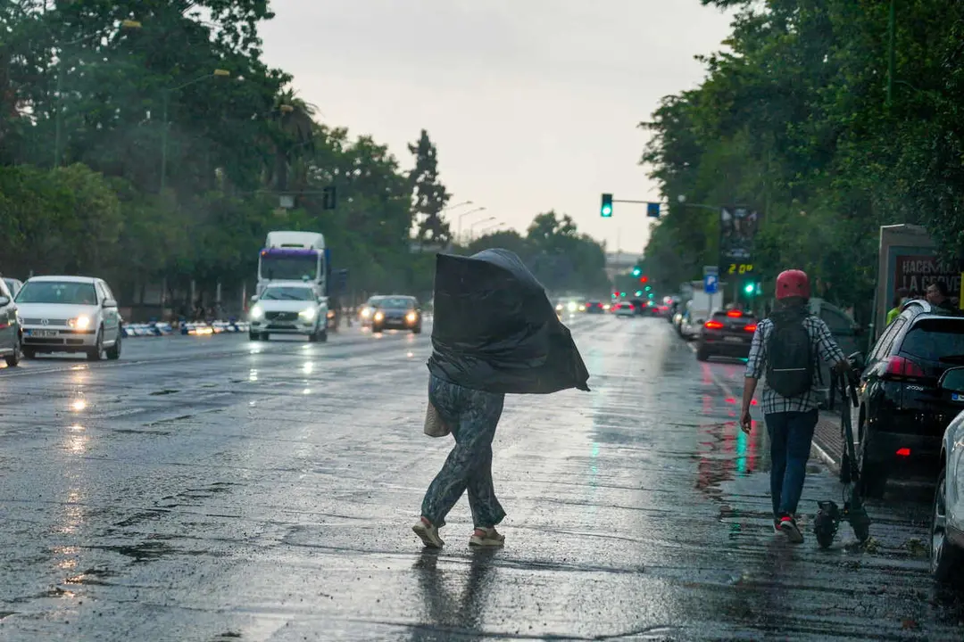 Archivo - Viandantes con paraguas por la zona del Parque de Mar&iacute;a Luisa, a 18 de mayo de 2023, en Sevilla, (Andaluc&iacute;a, Espa&ntilde;a).