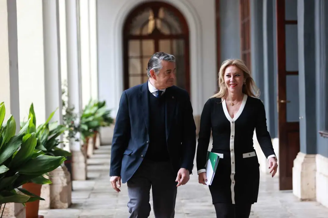 La consejera de Econom&iacute;a, Hacienda, Fondos Europeos y Di&aacute;logo Social y Portavoz del Gobierno, Carolina Espa&ntilde;a, junto al consejero de Sanidad, Presidencia y Emergencias, Antonio Sanz, llegando a una rueda de prensa posterior a un Consejo De Gobierno.
