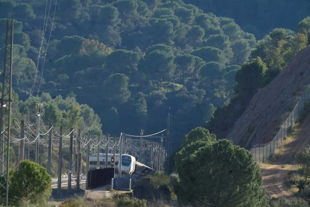 Imagen de la zona del accidente ferroviario con los convoyes de trenes siniestrados en Adamuz.
