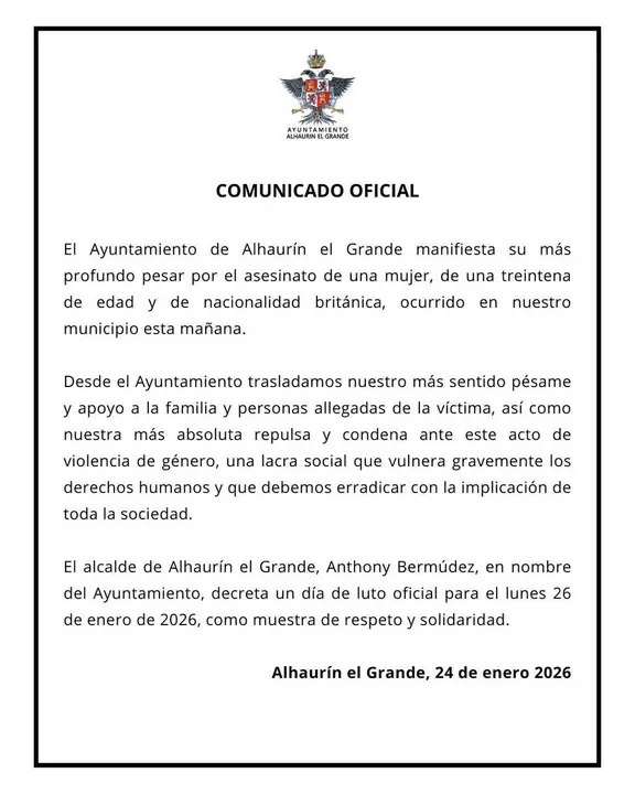 Decreto de d&iacute;a de luto en Alhaur&iacute;n el Grande para el pr&oacute;ximo lunes 26 de enero tras el asesinato de una mujer, presuntamente por su expareja, en la localidad malague&ntilde;a.