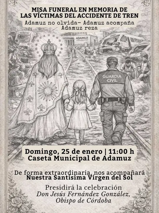 Cartel de la misa funeral que oficiar&aacute; el domingo el obispo de C&oacute;rdoba en Adamuz por las v&iacute;ctimas del siniestro ferroviario.