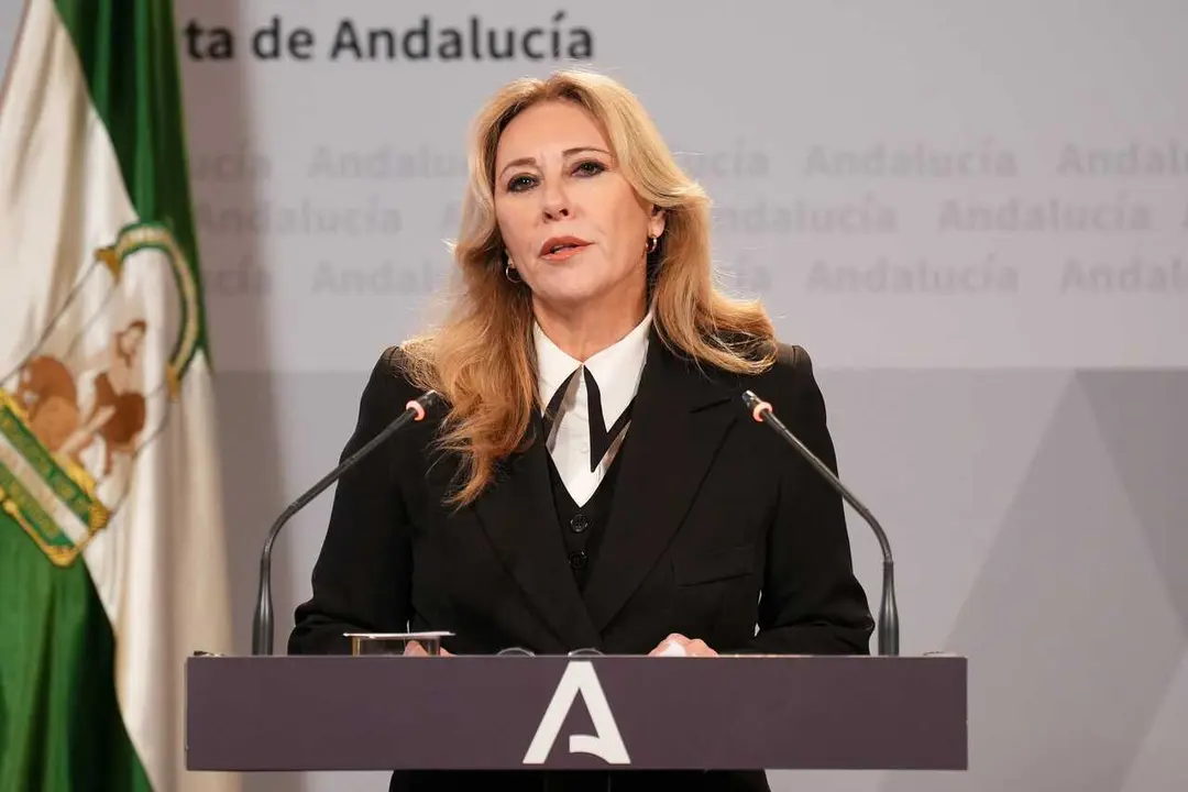 La consejera de Econom&iacute;a, Hacienda y Fondos Europeos de la Junta de Andaluc&iacute;a y portavoz del Gobierno, Carolina Espa&ntilde;a en la rueda de prensa posterior a la reuni&oacute;n semanal del Consejo de Gobierno de la Junta de Andaluc&iacute;a. A 28 de enero de 2026 en Sevilla 