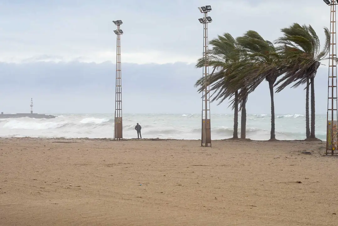 Imagen de la costa de Almer&iacute;a capital presentando fuerte oleaje y viento debido al paso de la borrasca 'Kristin'.