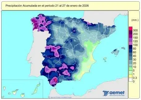 Las lluvias acumuladas en Espa&ntilde;a desde el 1 de octubre suman 315 l/m2, un 11% m&aacute;s de lo normal.