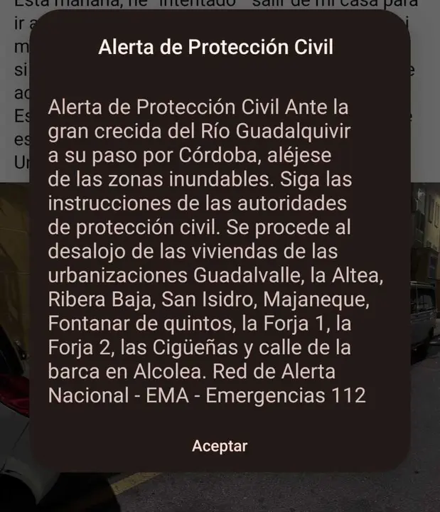 El Es Alert recibido por los cordobeses este jueves 5 de febrero.