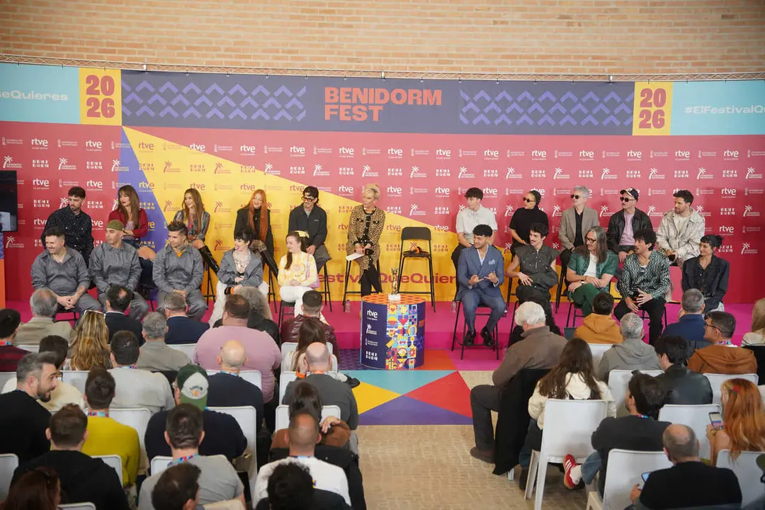 Los finalistas del Benidorm Fest 2026 durante una rueda de prensa, en el Centro Cultural de Benidorm, a 13 de febrero de 2026, en Benidorm, Alicante, Comunidad Valenciana (Espa&ntilde;a). Tras las dos semifinales, celebradas el 10 y 12 de febrero, ya se conocen 